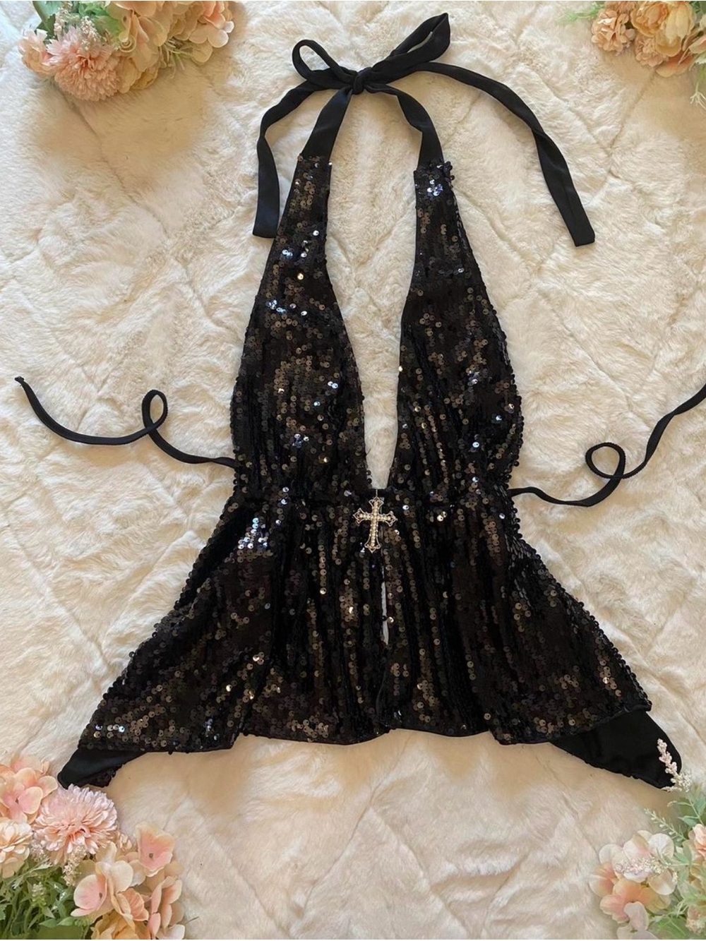 Black Sequin Halter Top with Cross Accent
